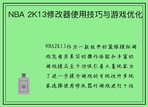 NBA 2K13修改器使用技巧与游戏优化