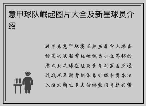 意甲球队崛起图片大全及新星球员介绍